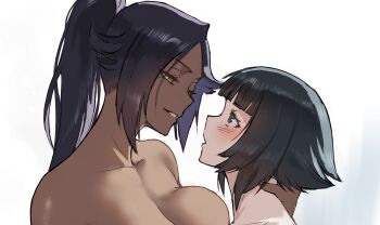 2girls black_hair bleach breasts dark-skinned_female dark_skin hair_ornament large_breasts light_blush long_hair medium_hair multiple_girls paid_reward_available ponytail purple_hair shihouin_yoruichi simple_background sui-feng white_background yellow_eyes yuri zefrableu