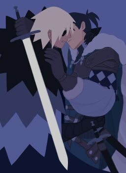 2boys absurdres aqua_cape armor black_fur blue_background blue_hair brown_gloves cape clenched_teeth closed_mouth commentary dark_blue_hair dimitri_alexandre_blaiddyd dimitri_alexandre_blaiddyd_(timeskip) english_commentary eyepatch felix_hugo_fraldarius felix_hugo_fraldarius_(timeskip) fire_emblem fire_emblem:_three_houses fur-trimmed_cape fur-trimmed_gloves fur_trim gloves hand_on_another&#039;s_shoulder highres holding holding_sword holding_weapon imminent_kiss jas_(baoxie) leather_armor male_focus multiple_boys nintendo one_eye_covered pauldrons ponytail profile short_ponytail shoulder_armor simple_background single_pauldron sword teeth weapon white_fur yaoi