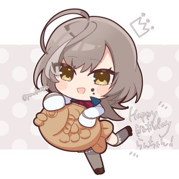 1girl :d ahoge assault_lily black_shoes blush bow bowtie character_name chibi commentary_request drawn_crown food food_on_face full_body grey_background grey_hair grey_thighhighs hands_up happy_birthday herensuge_girls_academy_school_uniform highres holding holding_food jacket leg_up long_hair long_sleeves looking_at_viewer multicolored_hair open_mouth oversized_clothes oversized_food oversized_object polka_dot polka_dot_background ponokaijo red_bow red_bowtie sasaki_ran school_uniform shoes sleeves_past_fingers sleeves_past_wrists smile solo standing standing_on_one_leg streaked_hair taiyaki thighhighs translated twitter_username two-tone_background wagashi white_jacket yellow_eyes