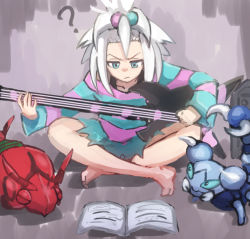 1girl :/ ? bass_guitar blue_eyes boots dress forehead freckles gen_4_pokemon gen_5_pokemon guitar gym_leader hair_bobbles hair_ornament instrument nintendo pokemon pokemon_(creature) pokemon_bw2 popen05 reading roxie_(pokemon) short_hair skorupi striped_clothes striped_dress venipede white_hair