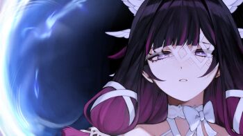 1girl bare_shoulders black_hair bow choker close-up columbina_(genshin_impact) eye_mask feathered_wings genshin_impact gradient_hair hair_ornament hair_ribbon hashtag-only_commentary highres mask multicolored_hair nana668 pink_hair purple_eyes ribbon see-through_clothes see-through_mask white_bow white_ribbon wing_hair_ornament wings