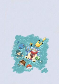 afloat animal_focus black_eyes blue_background chibikemo closed_eyes colored_skin commentary crossed_legs eevee fangs gen_1_pokemon gen_2_pokemon gen_4_pokemon gen_8_pokemon highres lying marill munchlax nintendo no_humans on_back pikachu pokemon pokemon_(creature) rabbit raboot shinx simple_background snorlax sprigatito symbol-only_commentary tail voltorb yellow_skin zozozoshion