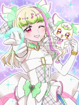 1girl bare_shoulders blonde_hair blunt_bangs bubble_skirt choker cure_zukyuun dress earrings elbow_gloves finger_gun fortissimo frilled_ribbon frills gingham_dress gloves gradient_hair green_hair hair_extensions hair_ornament hair_wings heart heart-shaped_lock heart-shaped_pupils highres idol jewelry kimi_to_idol_precure long_hair looking_at_viewer moro_precure multicolored_hair multiple_earrings musical_note musical_note_hair_ornament one_eye_closed open_mouth pearl_earrings pink_eyes pink_hair precure puffy_dress puffy_sleeves purirun_(civilian)_(precure) purirun_(fairy)_(precure) purirun_(precure) ribbon ribbon_choker single_sleeve_cuff single_wide_sleeve skirt sleeveless sleeveless_dress solo solo_focus spoken_musical_note stuffed_animal stuffed_toy symbol-shaped_pupils twitter_username watermark white_dress white_gloves wing_hair_ornament wrist_cuffs