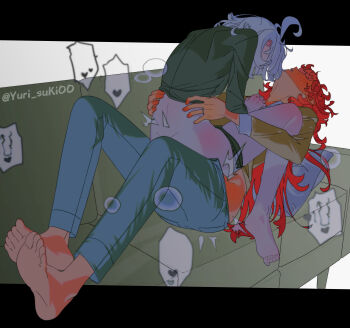 2girls ahoge ass bare_legs barefoot clothed_sex commentary couch cowgirl_position futa_with_female futanari grey_hair gundam gundam_suisei_no_majo head_back highres implied_futanari long_hair miorine_rembran multiple_girls on_couch panties_around_thighs red_hair sex short_hair straddling suletta_mercury symbol-only_commentary wife_and_wife yurisuki00