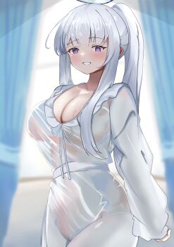 1girl absurdres blue_archive blush breasts collarbone halo highres large_breasts long_hair mechanical_halo noa_(blue_archive) noa_(pajamas)_(blue_archive) ponytail purple_eyes see-through_clothes siegs_wurm smile solo white_hair