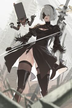 1girl 2b_(nier:automata) ass black_dress black_gloves black_hairband black_thighhighs blindfold boots breasts city cleavage cleavage_cutout clothing_cutout covered_eyes day dress drone dutch_angle feather-trimmed_sleeves feather_trim feet_out_of_frame gloves gluteal_fold hairband highleg highleg_leotard highres holding holding_sword holding_weapon juliet_sleeves katana leotard leotard_peek long_sleeves mole mole_under_mouth nekoyana nier:automata nier_(series) outdoors parted_lips pod_(nier:automata) puffy_sleeves robot scenery short_hair solo standing sword thighhighs thighhighs_under_boots thong_leotard virtuous_contract virtuous_treaty weapon white_hair white_leotard
