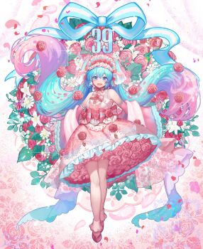 1girl 39 absurdly_long_hair absurdres aqua_eyes aqua_hair aqua_nails boots bow commentary_request detached_sleeves dress falling_petals fingernails floral_print floral_print_dress flower full_body gradient_hair hair_between_eyes hair_ornament hatsune_miku highres kozou_kazaru long_hair long_sleeves miku_day multicolored_hair nail_polish petals pink_boots pink_bow pink_dress pink_hair pink_sleeves print_dress red_flower red_rose rose sleeveless sleeveless_dress solo very_long_hair vocaloid wide_sleeves