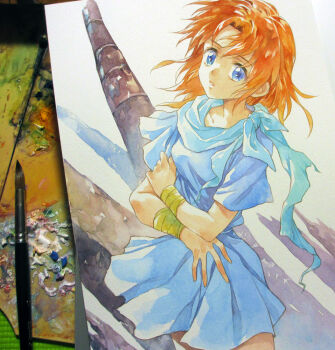 1girl agahari ancient_ys_vanished art_brush art_tools_in_frame bandaged_wrist bandages blue_dress blue_eyes blue_scarf commentary_request dress lilia_(ys) looking_at_viewer medium_hair orange_hair paintbrush painting_(medium) parted_lips photo_(medium) scarf short_dress short_sleeves solo standing traditional_media ys