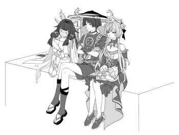 1boy 2girls angel_wings anklet bare_shoulders barefoot_sandals_(jewelry) blunt_bangs blunt_ends blunt_tresses bodysuit breasts cleavage closed_eyes closed_mouth columbina_(genshin_impact) corset crossed_arms crossed_legs detached_collar detached_sleeves dress expressionless eye_mask facing_to_the_side feathered_wings fingernails frilled_dress frilled_sleeves frills gem genshin_impact girl_sandwich greyscale hair_intakes hair_ribbon hair_spread_out hand_on_own_arm hands_on_own_thighs hat head_wings headdress highres hugging_own_legs japanese_clothes jewelry jingasa juban kimono layered_sleeves long_hair long_sidelocks mandarin_collar mask mitsudomoe_(shape) monochrome multiple_girls multiple_wings neck_ring o-ring own_hands_together ribbon sandals sandrone_(genshin_impact) sandwiched sash scaramouche_(genshin_impact) see-through_clothes see-through_mask shoes short_hair short_hair_with_long_locks short_sleeves shorts sidelocks single_sode sitting smile swept_bangs te1081 toenails tomoe_(symbol) tress_ribbon tsurime twitter_username veil wings wispy_bangs wrist_bow zouri