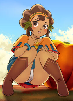 1girl blue_skirt blush boots bracelet brown_boots brown_eyes brown_hair cameltoe capelet choker cloud commentary_request day full_body grass hairband hand_on_own_knee jewelry kakuume kina_(zelda) nintendo open_mouth orange_capelet orange_hairband outdoors panties pumpkin raised_inner_eyebrows short_sleeves signature skirt sky solo squatting stained_panties teeth the_legend_of_zelda the_legend_of_zelda:_skyward_sword underwear upper_teeth_only white_panties