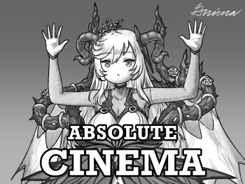 Rule 34 | 1girl, absolute cinema (meme), bare shoulders, breasts, curled horns, dress, english text, freyja (fire emblem), goat horns, greyscale, grimaisbestwaifu, hands up, horns, layered dress, long hair, looking at viewer, meme, monochrome, solo, thorns, upper body