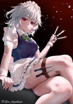 Rule 34 | 1girl, absurdres, apron, arm at side, between fingers, blue dress, bow, braid, closed mouth, commentary, crossed legs, dress, expressionless, feet out of frame, frilled apron, frilled dress, frills, from below, gradient background, green bow, grey hair, hair bow, hand up, highres, holding, holding knife, holster, izayoi sakuya, knife, knives between fingers, looking at viewer, maid, maid apron, maid headdress, puffy short sleeves, puffy sleeves, red eyes, short dress, short sleeves, sidelighting, simple background, sitting, skindentation, solo, soo kazahana, thigh holster, thighs, touhou, twin braids, waist apron, white apron, white wrist cuffs, wrist cuffs
