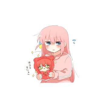 1girl blue_eyes blush bocchi_the_rock! character_doll commentary_request cropped_torso cube_hair_ornament doll flying_sweatdrops gotoh_hitori green_eyes hair_between_eyes hair_ornament holding holding_doll jacket kita_ikuyo long_hair long_sleeves one_side_up open_mouth pink_hair pink_jacket rebecca_(keinelove) red_hair sidelocks simple_background solo sweat track_jacket translation_request white_background