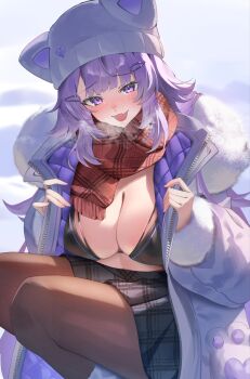 1girl :d alternate_costume animal_ears animal_hat beanie bikini bikini_top_only black_bikini blush breasts breath cat_ears cat_girl cat_hat cleavage coat commentary_request day fang fur-trimmed_coat fur_trim hat highres hololive huge_breasts jacket long_hair looking_at_viewer messy_hair miniskirt nekomata_okayu open_mouth outdoors pendora1022 plaid_clothes plaid_scarf plaid_skirt pleated_skirt purple_eyes purple_hair red_scarf scarf skin_fang skirt smile snow solo squatting swimsuit virtual_youtuber white_hat white_jacket