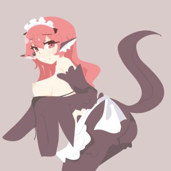 1girl animal_ears apron big_o_pants bird_ears bird_legs bird_tail black_bra black_feathers black_wings bra bra_pull breasts brown_background clothes_pull commentary_request feathers fio-chan_(big_o_pants) harpy large_breasts long_hair looking_at_viewer maid maid_headdress monster_girl nearly_naked_apron nipples original red_eyes red_hair simple_background solo tail underwear waist_apron winged_arms wings