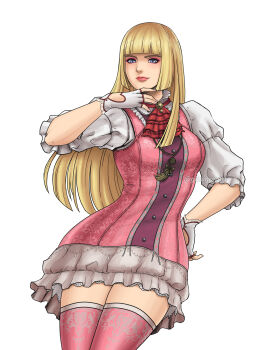 1girl blonde_hair blue_eyes breasts dress emilie_de_rochefort fingerless_gloves geoffrey_daigon gloves hand_on_own_hip large_breasts lips long_hair short_sleeves tekken tekken_8 thighhighs white_background