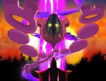 1girl commentary_request energy_beam glowing glowing_eyes nintendo orange_sky outdoors outstretched_arms pecharunt pokemon pokemon_(creature) robe sky sunset twilight yellow_eyes yumori565969