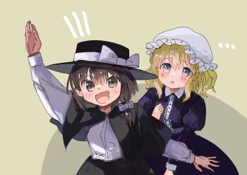 Rule 34 | ..., 2girls, :o, absurdres, black capelet, black hat, black skirt, blonde hair, blue eyes, blush, bow, brown eyes, brown hair, capelet, collared dress, cowboy shot, dress, ears visible through hair, hair bow, hand up, hat, hat bow, highres, long sleeves, looking at viewer, maribel hearn, minus (sr mineka), mob cap, multiple girls, open mouth, purple dress, shadow, shirt, shirt tucked in, short hair, skirt, touhou, usami renko, white bow, white hat, white shirt, yellow background
