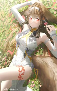 1girl animal_ears bare_shoulders breasts bridal_gauntlets china_dress chinese_clothes commentary cryne dress droopy_ears fox_ears fox_girl hair_intakes hairband highres large_breasts leg_tattoo on_grass outdoors red_eyes solo tail tattoo thighs twitter_username white_dress white_hairband ye_shunguang zenless_zone_zero