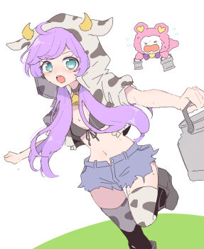 &gt;_&lt; 1girl ahoge animal_ears animal_print bell black_bra black_shoes bra collar commentary_request cow_ears cow_hood cow_horns cow_print cow_print_thighhighs cowbell cropped_jacket denim denim_shorts highres hood hood_up horns kuma_(pripara) long_hair looking_at_viewer manaka_laala milk_churn navel neck_bell nojima_minami open_mouth pink_fur pretty_series print_thighhighs pripara purple_hair shoes short_shorts shorts solo stuffed_animal stuffed_toy teddy_bear thighhighs twintails underwear white_thighhighs