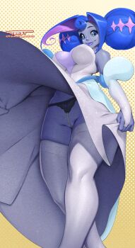 android blue_eyes blue_hair breasts clothes_lift dress dress_lift glitch_productions highres knights_of_guinevere princess princess_guinevere purple_dress smile solo thighhighs underwear