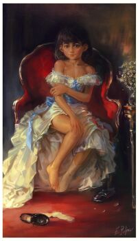 1girl absurdres armchair black_hair black_shoes brown_eyes chair daisy_(flower) dark-skinned_female dark_skin delirium_(artist) dress faux_traditional_media flower highres loli long_hair medium_hair off-shoulder_dress off_shoulder original plant potted_plant shoes single_sock sitting socks solo unworn_shoes white_dress white_socks