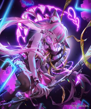 1girl bare_shoulders black_pantyhose black_shirt blue_hair bracelet breasts cleavage_cutout clothing_cutout commentary_request company_name covering_own_mouth dark_background earrings evil_grin evil_smile glowing glowing_eyes grin hand_to_own_mouth heart heart_cutout heart_earrings highres holding jewelry lee_hyeseung lilanthim_(shadowverse) long_hair looking_at_viewer magic medium_breasts multicolored_hair neon_lights official_art pantyhose pink_eyes pink_hair pink_nails pink_skirt shadowverse shadowverse:_worlds_beyond sharp_teeth shirt skirt smile solo star-shaped_pupils star_(symbol) symbol-shaped_pupils teeth thigh_strap twintails two-tone_hair very_long_hair zipper