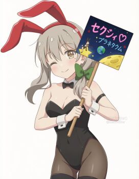 1girl animal_ears black_pantyhose black_thighhighs bow breasts cleavage closed_mouth detached_collar dot_nose earth_(planet) fake_animal_ears feet_out_of_frame female_focus grey_hair hair_between_eyes hair_bow holding koisuru_asteroid long_hair looking_at_viewer medium_breasts mole mole_under_eye moon morino_mari nekofilter pantyhose planet rabbit_ears sign simple_background smile solo space star_(sky) thighhighs twintails white_background wrist_cuffs