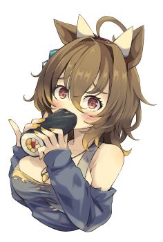 1girl agnes_tachyon_(umamusume) ahoge animal_ears black_shirt blush breasts brown_hair cleavage commentary_request eating ehoumaki fake_horns fingernails food food_in_mouth hair_between_eyes highres holding holding_food horns horse_ears horse_girl jewelry large_breasts long_hair_between_eyes long_sleeves looking_at_viewer makizushi nail_polish necklace off-shoulder_shirt off_shoulder red_eyes setsubun shirt short_hair sleeves_past_wrists sushi torn_clothes torn_shirt transparent_background umamusume white_horns woruta_(soloistlist) yellow_nails