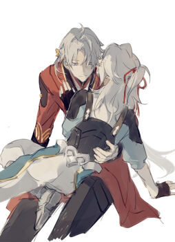 2boys armor artisanship_commission_uniform_(honkai:_star_rail) blade_(honkai:_star_rail) chinese_clothes hair_between_eyes hair_ribbon honkai:_star_rail honkai_(series) jing_yuan kiss kissing_cheek long_hair male_focus mississipping multiple_boys on_floor parted_bangs ponytail red_ribbon ribbon simple_background sitting sitting_on_person white_background white_hair yaoi yingxing_(honkai:_star_rail)