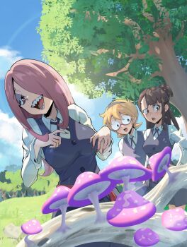 3girls bags_under_eyes black_dress blonde_hair blue_hairband breasts brown_eyes brown_hair collared_shirt commentary day dress english_commentary frown glasses grass green_eyes hair_over_one_eye hairband half-closed_eyes highres kagari_atsuko kanashikeki large_breasts little_witch_academia long_hair long_sleeves lotte_jansson medium_hair multiple_girls mushroom outdoors ponytail purple_eyes purple_hair round_eyewear school_uniform sharp_teeth shirt smile standing sucy_manbavaran teeth tongue tree upper_teeth_only white_shirt