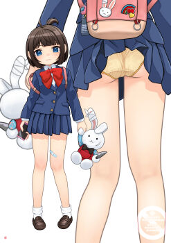 1girl absurdres ass backpack bag bandaid bandaid_on_leg blue_eyes blue_jacket blue_skirt bow commentary_request commission highres holding jacket loli mtu_virus multiple_views nao_suke original panties pleated_skirt school_uniform shirt shoes skeb_commission skirt socks stuffed_animal stuffed_rabbit stuffed_toy underwear white_background yellow_panties