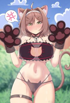 1girl :t against_glass ahoge anger_vein animal_ears animal_hands artist_name bell black_bra black_choker black_panties blue_sky blurry blurry_background blush bra breast_press breasts breasts_on_glass brown_gloves brown_hair cameltoe cat_cutout cat_ear_panties cat_ears cat_girl cat_lingerie cat_paws cat_tail choker cleavage_cutout closed_mouth clothing_cutout cloud cloudy_sky collarbone commentary commission day english_commentary extra_ears fortissimo frilled_bra frills gloves gluteal_fold green_eyes groin hair_between_eyes hair_intakes hair_ornament hairband hairclip heart heart_o-ring highres indie_virtual_youtuber jingle_bell large_breasts looking_at_viewer medium_hair miori_celesta mischiefmiz multi-strapped_panties musical_note musical_note_hair_ornament navel neck_bell o-ring o-ring_thigh_strap outdoors panties paw_gloves pout sky solo spoken_anger_vein stomach tail thigh_strap thighs treble_clef underwear virtual_youtuber white_hairband