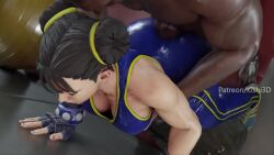 1boy 1girl 3d animated artist_name ass bare_shoulders black_hair blue_bodysuit blue_unitard bodysuit bracelet breasts buttjob buttjob_over_clothes capcom chun-li cleavage clothed_female_nude_male collarbone dark-skinned_male dark_skin double_bun fingerless_gloves gloves hair_bun hetero interracial jewelry kishi3d large_breasts large_penis nude patreon_username penis street_fighter street_fighter_zero_(series) testicles uncensored unitard video