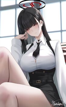 1girl absurdres alternate_costume black_hair black_necktie black_skirt blue_archive blunt_bangs breasts bright_pupils closed_mouth commentary_request hair_ornament hairclip halo highres large_breasts long_hair looking_at_viewer necktie red_eyes rio_(blue_archive) shirt signature sitting skirt solo thighs white_pupils white_shirt yamikyon