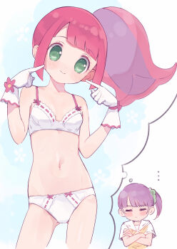 ... 1girl =_= absurdres blunt_bangs blunt_sidelocks blush bow bow_bra bow_panties bra breasts closed_eyes closed_mouth commentary cowboy_shot crossed_arms dot_nose dual_persona flower gloves gluteal_fold green_eyes green_scrunchie hair_ornament hair_scrunchie highres hyakumangoku_masurao imagining kanon_(pripara) long_hair looking_at_viewer manaka_non manaka_non_(normal) multicolored_hair navel panties pink_flower pink_hair pointing pointing_at_self pretty_series pripara purple_eyes purple_hair ribbon-trimmed_bra ribbon-trimmed_panties ribbon_trim school_uniform scrunchie shirt short_hair short_sleeves side_ponytail sidelocks small_breasts smile speech_bubble standing stomach thighs thinking thought_bubble underwear underwear_only upper_body white_bra white_gloves white_panties white_shirt wrist_flower