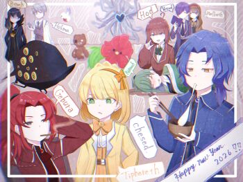 4boys 5girls ahoge ascot big_bird_(project_moon) binah_(project_moon) bird black_coat blanket blonde_hair blue_coat blue_eyes blue_hair blue_star blurry blush book bow bow_hairband bowl bowtie braid brooch brown_coat brown_hair che_paru chesed_(project_moon) chopsticks chromatic_aberration closed_eyes coat coat_on_shoulders collared_shirt commentary corset crown_braid drooling eating english_commentary english_text flower food formal_clothes fur-trimmed_coat fur_trim gebura_(project_moon) gem green_bow green_bowtie green_eyes green_hair grey_eyes grey_hair grey_necktie grey_suit hairband happy_new_year happy_teddy_bear heterochromia high_ponytail highres hod_(project_moon) hokma_(project_moon) holding holding_book holding_bowl holding_chopsticks jewelry lab_coat lapels library_of_ruina long_hair long_sleeves lying malkuth_(project_moon) medium_hair mochi mochi_trail monocle multiple_boys multiple_girls necktie netzach_(project_moon) new_year on_side open_clothes open_coat open_mouth parted_bangs ponytail porccubus project_moon punishing_bird purple_coat purple_hair purple_necktie red_ascot red_coat red_flower red_hair red_hairband saliva shirt short_hair sleeping smoking stuffed_animal stuffed_toy suit teddy_bear tiphereth_a_(project_moon) white_coat white_eyes white_shirt yellow_bow yellow_bowtie yellow_coat yellow_corset yellow_eyes yesod_(project_moon)
