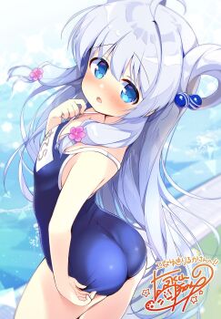 1girl alternate_costume ass blue_eyes blue_hair blush breasts collarbone commentary_request commission flower_knight_girl hair_ornament highres looking_at_viewer nagayama_yuunon pool school_swimsuit second-party_source signature solo sutera_(flower_knight_girl) swimsuit translation_request