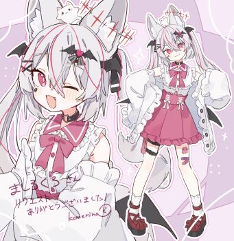1girl :3 ;d absurdres alternate_costume animal animal_ear_fluff animal_ears animal_on_head artist_name bandaid bandaid_on_knee bandaid_on_leg bare_shoulders bat_hair_ornament bat_wings belt black_choker black_wings blush bow bow_skirt bowtie bright_pupils buttons cardigan character_name choker closed_mouth collar collared_shirt commentary commission crossed_bangs demon_wings detached_sleeves dot_nose dress fang footwear_bow fox fox_ears fox_girl fox_tail frilled_collar frilled_shirt frilled_skirt frilled_sleeves frills full_body grey_cardigan hair_between_eyes hair_ornament hair_ribbon hairclip hand_on_own_hip head_wings heart heart_hair_ornament high-waist_skirt highres jacket karin_(vrchat) komerina long_hair long_sleeves looking_at_viewer low_wings mashirokuro mini_wings multicolored_hair multiple_views o-ring o-ring_choker o-ring_thigh_strap off_shoulder on_head one_eye_closed open_cardigan open_clothes open_jacket open_mouth pink_background pink_bow pink_bowtie pink_cardigan pink_eyes pink_hair pink_ribbon pink_skirt puffy_long_sleeves puffy_sleeves red_eyes red_hair ribbon shirt shirt_tucked_in shoes sidelocks signature skin_fang skirt sleeve_bow sleeveless sleeveless_shirt sleeves_past_fingers sleeves_past_wrists smile socks standing star_(symbol) streaked_hair tail thigh_belt thigh_strap translated twintails two-tone_hair virtual_youtuber vrchat white_cardigan white_jacket white_pupils white_shirt white_sleeves white_socks wing_hair_ornament wings x_hair_ornament