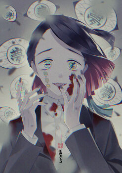 1boy aqua_eyes asymmetrical_bangs black_hair black_jacket blood blood_on_cheek blood_on_clothes buttons chromatic_aberration colored_inner_hair commentary_request crazy demon_boy enmu_(kimetsu_no_yaiba) excited eye_focus facial_mark fangs finger_to_mouth floating_hair grey_background grey_nails hand_on_own_cheek hand_on_own_face hands_up jacket kimetsu_no_yaiba long_sleeves looking_at_viewer male_focus medium_hair mimiz multicolored_hair open_mouth raised_eyebrows smile solo straight-on surprised symbol-shaped_pupils tareme tears_facial_mark too_many_eyes trap undershirt upper_body veiny_eyes wide-eyed