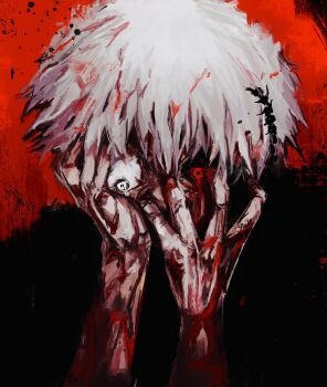 1boy black_sclera black_shirt bleeding blood blood_in_hair blood_on_face blood_on_hands bloody_tears centipede_print colored_sclera grey_eyes hand_on_own_arm hands_on_own_face heterochromia highres injury kaneki_ken male_focus mismatched_sclera red_background red_eyes shirt short_hair solo tokyo_ghoul white_hair xa8uofivf2mcart