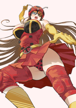 :o absurdres arm_up bare_shoulders belt blue_eyes boots breasts brown_hair dress elbow_gloves electro_wave_human_tackle foreshortening from_below gloves gradient_background helmet highres jimoninn_(user_57120863) knee_guards large_breasts long_hair okada_yuriko open_mouth panties pink_background pleated_dress polka_dot polka_dot_panties red_helmet red_panties short_dress strapless strapless_dress toujima_tanzaburou_wa_kamen_rider_ni_naritai underwear upskirt very_long_hair yellow_belt yellow_boots yellow_gloves