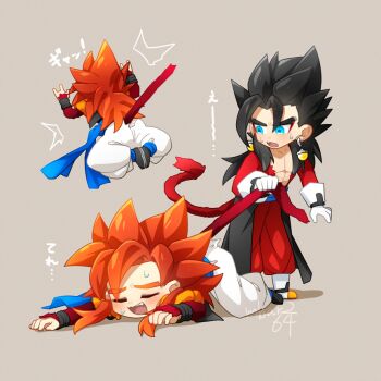 2boys black_hair blue_eyes blue_sash closed_eyes commentary_request dragon_ball dragon_ball_gt dragon_ball_heroes earrings eyeshadow fangs gamubanku gloves gogeta in-franchise_crossover jewelry long_hair looking_at_another m/ makeup male_focus medium_hair metamoran_vest monkey monkey_boy multiple_boys multiple_views muscular muscular_male open_mouth orange_hair pants potara_earrings pulling_tail red_eyeshadow red_fur red_pants sash sound_effects spiked_hair super_saiyan super_saiyan_4 sweatdrop topless_male twitter_username vegetto vegetto_(xeno) white_gloves white_pants