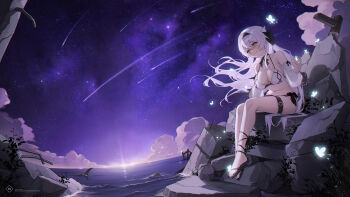 1girl ankle_ribbon bikini black_hairband black_ribbon black_sandals blush breasts bug butterfly closed_mouth cloud commission detached_sleeves dot_nose flip-flops glowing_butterfly hair_between_eyes hair_ribbon hair_spread_out hairband halterneck highres horizon insect l_ract large_breasts leg_ribbon long_hair meteor neck_ribbon night ocean original outdoors rebar ribbon rubble ruins sandals scenery side-tie_bikini_bottom sitting sky solo star_(sky) starry_sky swimsuit thigh_strap very_long_hair