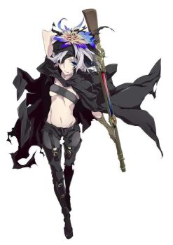 1girl breasts cape expressionless eyepatch flamie_speeddraw navel official_art pants rokka_no_yuusha source_request tagme toned underboob weapon