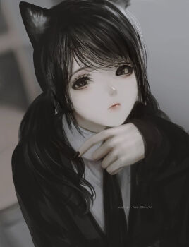Rule 34 | 1girl, animal ear fluff, animal ears, aoi ogata, artist name, black eyes, black hair, black jacket, black nails, black necktie, blurry, blurry background, clip studio paint (medium), closed mouth, collared shirt, commentary, depth of field, english commentary, highres, jacket, long hair, long sleeves, looking at viewer, nail polish, necktie, original, puffy long sleeves, puffy sleeves, romaji commentary, shirt, sleeves past wrists, solo, upper body, white shirt