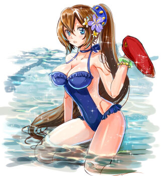 1girl alternate_eye_color alternate_hairstyle android beret blue_eyes blue_one-piece_swimsuit blush bracelet breasts brown_hair casual_one-piece_swimsuit cleaning cleavage commentary_request female_focus flower frilled_swimsuit frills hair_between_eyes hair_flower hair_ornament hat unworn_hat unworn_headwear high_ponytail iris_(mega_man) jewelry joints kiwakiwa large_breasts long_hair one-piece_swimsuit parted_lips ponytail robot_joints mega_man_(series) mega_man_x_(series) solo sparkle swimsuit very_long_hair water