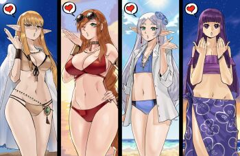 4girls alternate_hairstyle ass beach bikini blonde_hair blowing_kiss blue_bikini blue_sky bracelet breasts brown_bikini choker cleavage commentary earrings elf english_commentary eyewear_on_head fern_(sousou_no_frieren) flamme_(sousou_no_frieren) flat_chest floral_print flower frieren frilled_bikini frills green_eyes hair_flower hair_ornament heart highres jewelry large_breasts long_hair long_pointy_ears looking_at_viewer medium_breasts multiple_girls navel necklace open_clothes open_shirt orange_hair petite pointy_ears purple_bikini purple_eyes purple_hair purple_sarong red_bikini round_eyewear sarong serie_(sousou_no_frieren) shaded_face shirt sidelocks sky sousou_no_frieren standing summer sun sunglasses swimsuit teardrop_earrings thighs wanderjegson white_hair white_shirt yellow_eyes