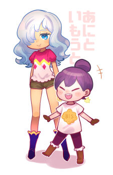 Rule 34 | 1boy, 1girl, aged down, blue eyes, boots, charlotte cracker, charlotte smoothie, commentary request, dress shirt, gloves, highres, kinakotatu, light blush, light smile, one piece, purple eyes, shirt, short male, shorts, smile, tall female, white hair, white shirt