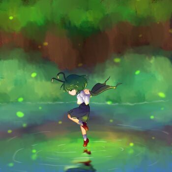 1girl antennae bilingual_commentary black_cape black_shorts brown_shoes cape closed_eyes commentary fireflies from_side green_hair hand_up landing long_sleeves mixed-language_commentary myose_mo outdoors pond profile reflection shirt shoes short_hair shorts socks solo standing standing_on_liquid touhou waves white_shirt white_socks wriggle_nightbug